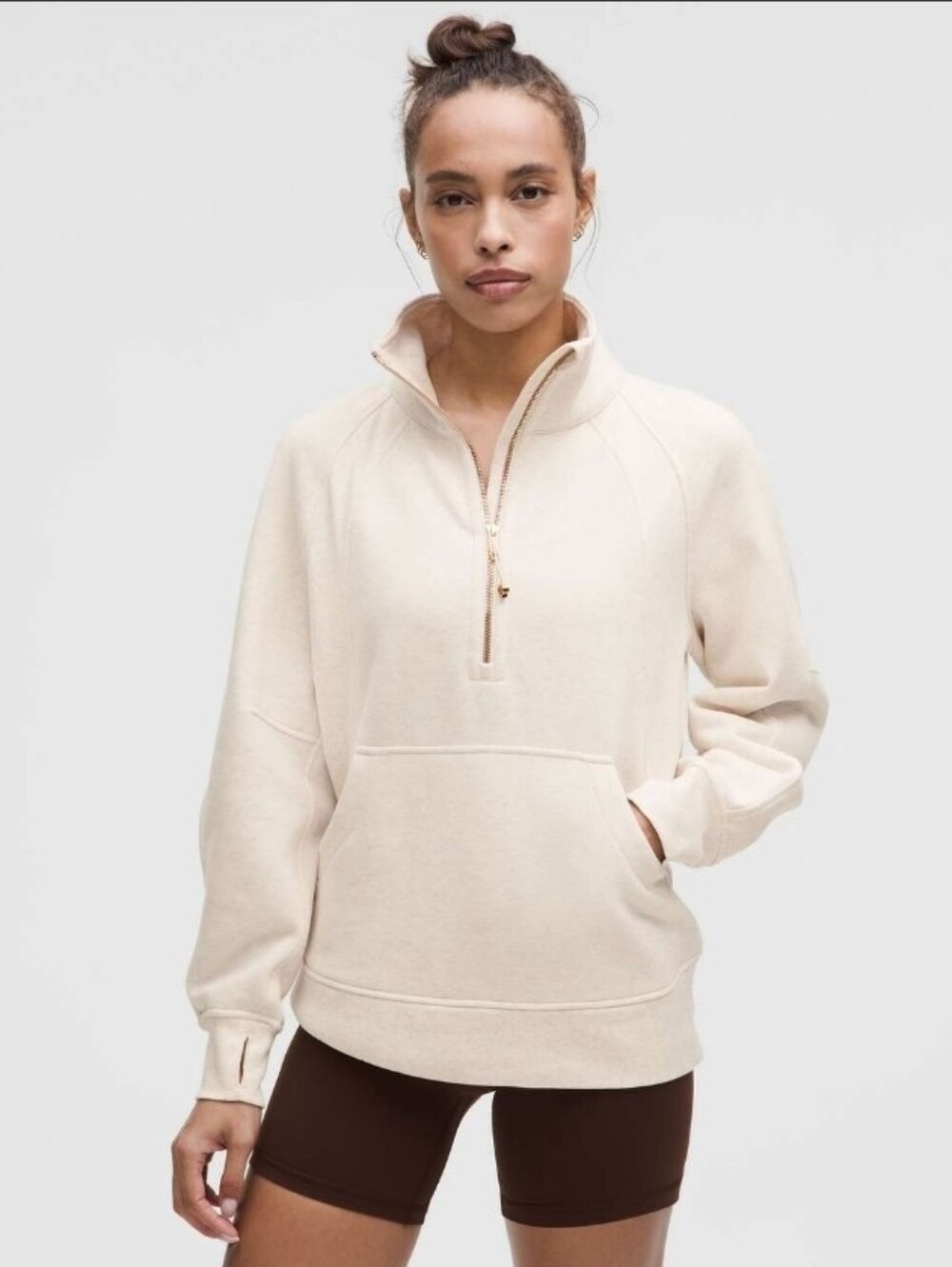 Lululemon Scuba Oversized Funnel-Neck Half Zip Long Heathered Light Ivory/ Gold